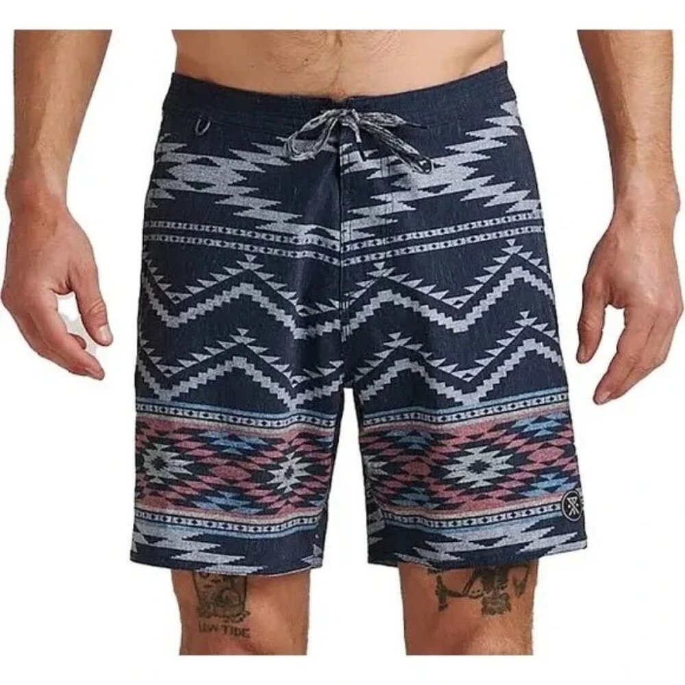 Roark The Chiller Boardshorts Mens 31 Navy Southwestern Print Hemp Blend Trunks‎